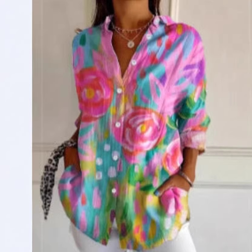 跨境独立站亚马逊新款3D数码印花女士欧美翻领长袖衬衫-竹节麻