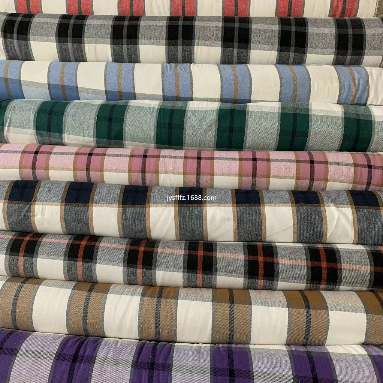 现货7s粗纺毛呢色织布格子涤棉法兰绒面料春秋衬衫磨毛色织格子布