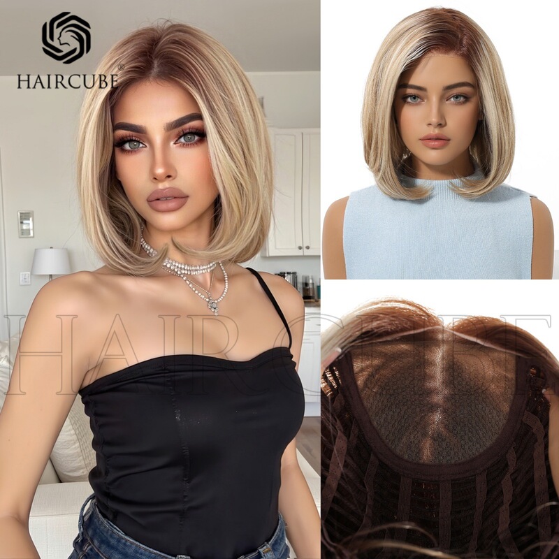 Mono Lace Wig with Random Seams, Natural Short Hair Bobo Wig, European and American Fashion Real Hair Artificial Wig Headgear