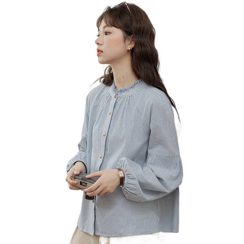 2025秋冬新款日系文艺淑女蓝色条纹衬衫女长袖宽松百搭气质上衣|undefined