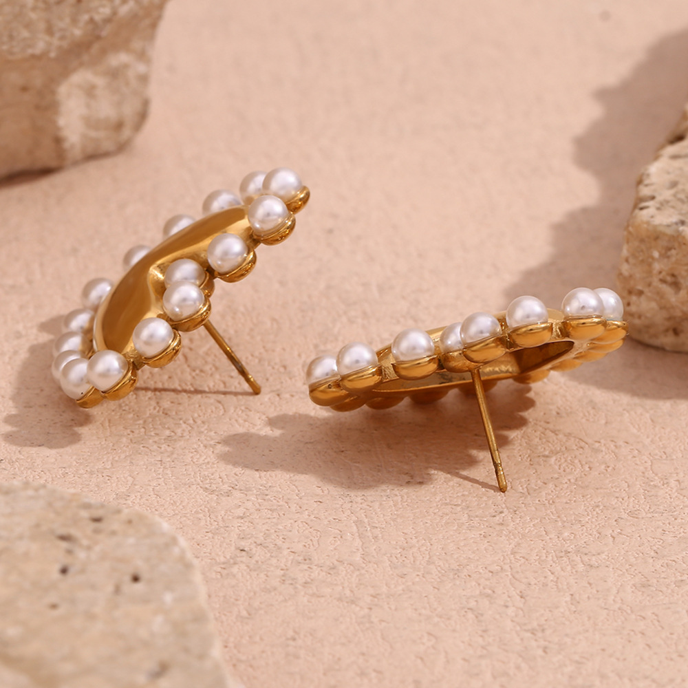 Stainless Steel Love Pearl Inlaid Earrings