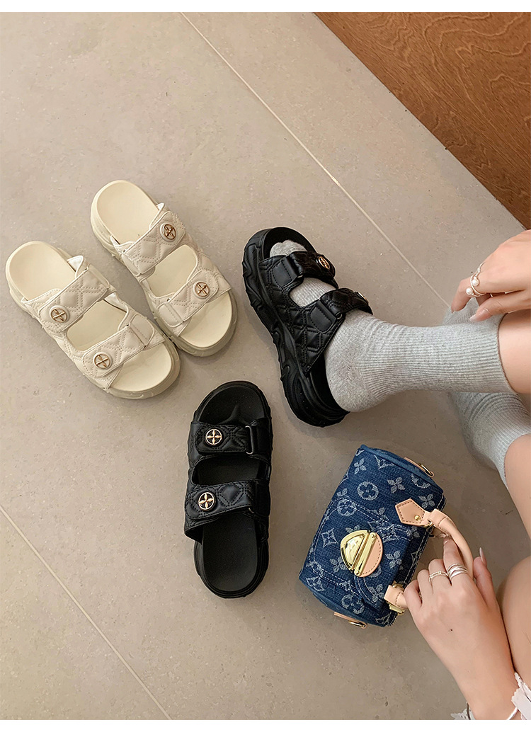 Sandal hở mũi nữ phong cách Xiaoxiang đế bánh xốp tăng chiều cao mùa hè 2025 — Màu đen, Màu trắng be chi tiết 15