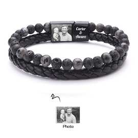 双层皮绳地图石串珠手链男士磁铁扣图片定 制手链名字定 做手饰