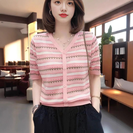 桑蚕丝上衣女2025年新款短袖宽松条纹镂空冰丝针织衫薄款t恤夏女