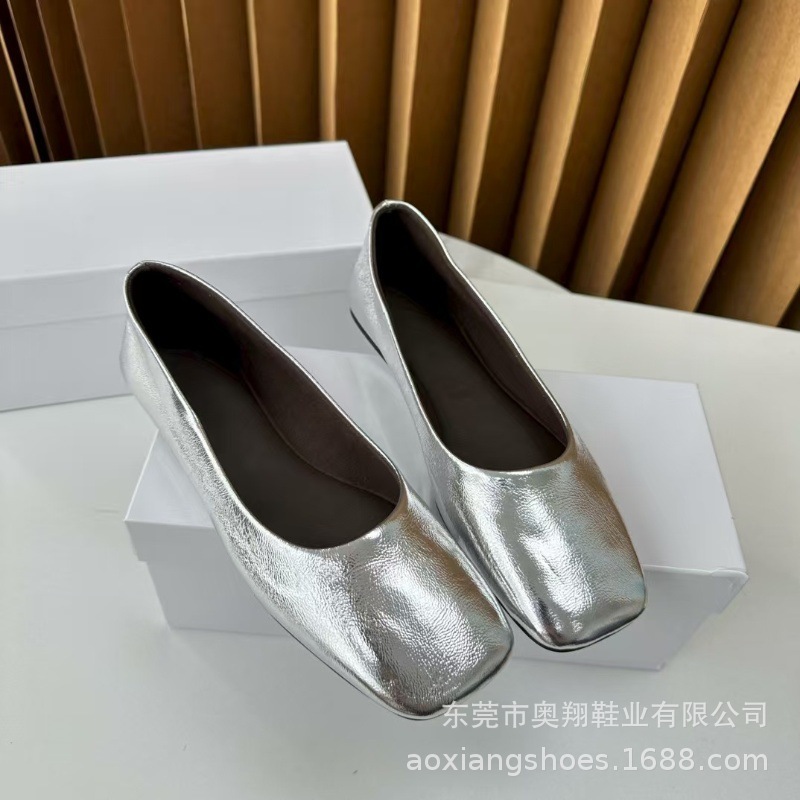工厂现货row 家同款无标超软小牛皮方头极简平底单鞋舒适奶奶鞋女|undefined