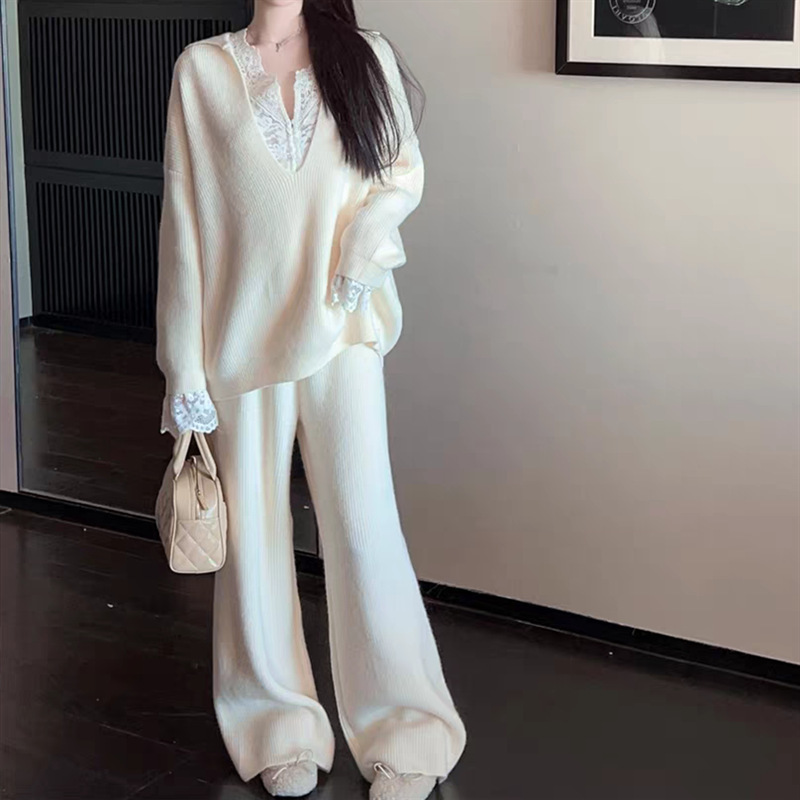 大码慵懒风松弛感V领秋冬新款宽松休闲针织衫两件套阔腿裤套装女|undefined