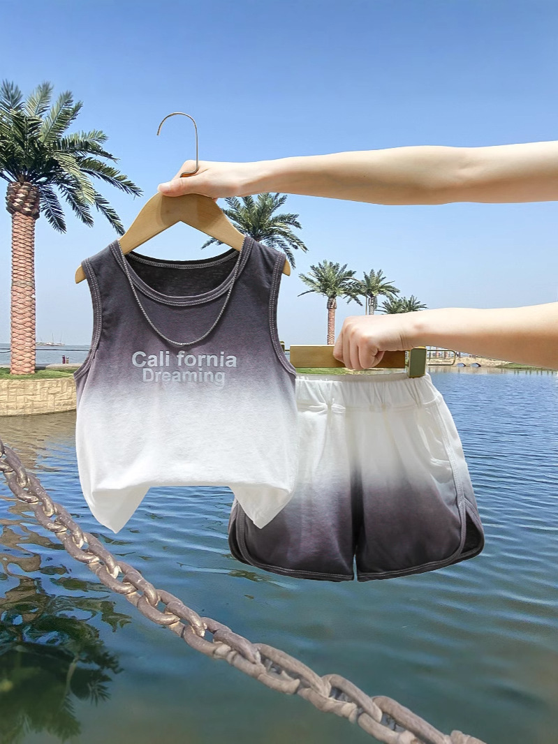 7827 Traje de chaleco de teñido anudado de verano para niños, ropa de verano sin mangas para niños, moda para bebés, fresco y guapo