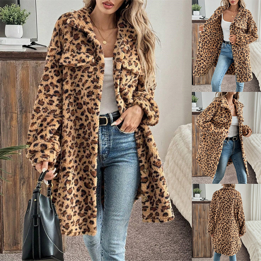 Women’s Oversized Leopard Print Trench Coat – Long Sleeve Button-Up Polyester Windbreaker, Streetwear Fashion For Fall & Winter_voghion.com