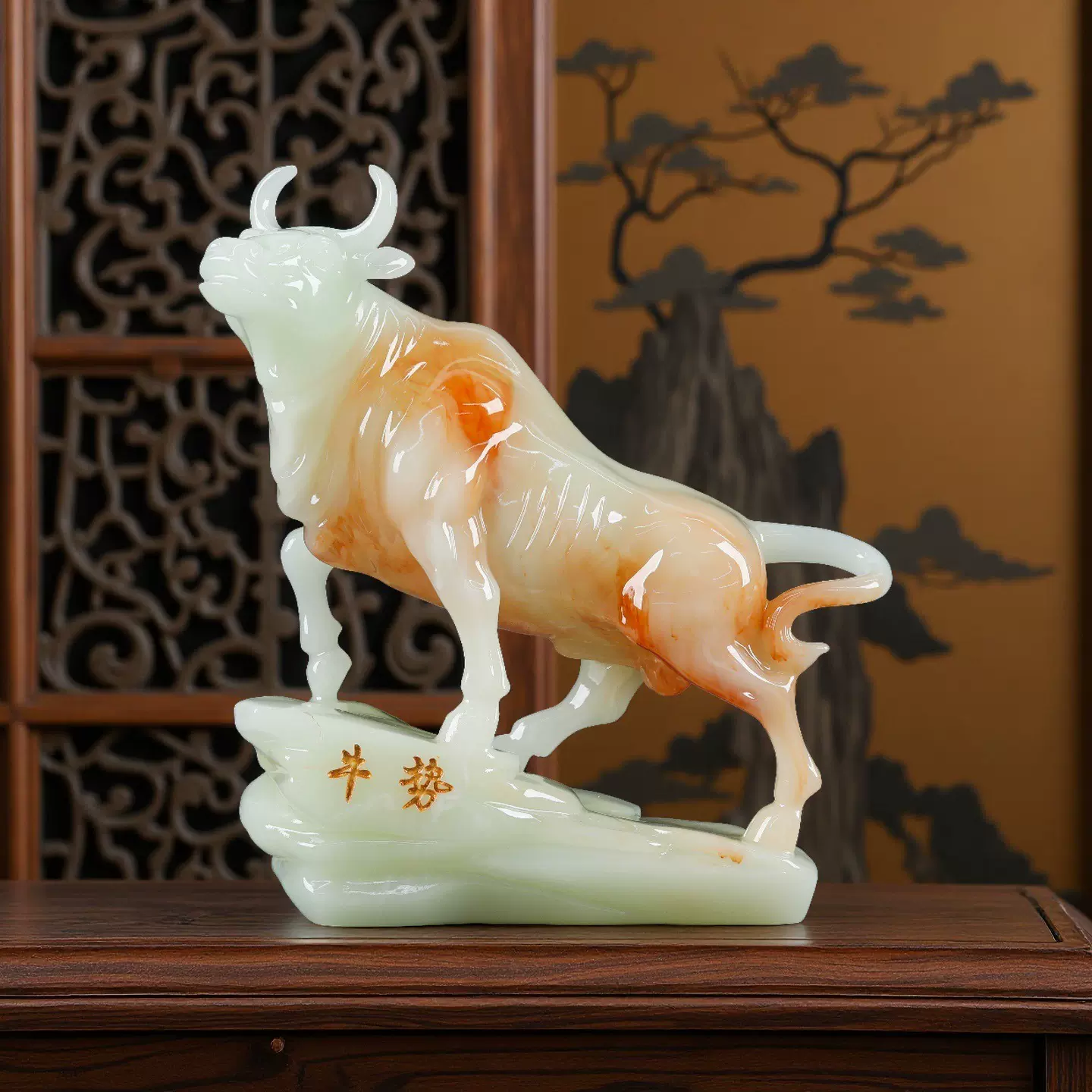 厂家直销仿玉树脂牛势摆件开业礼品风水牛工艺品家居装饰品招财牛
