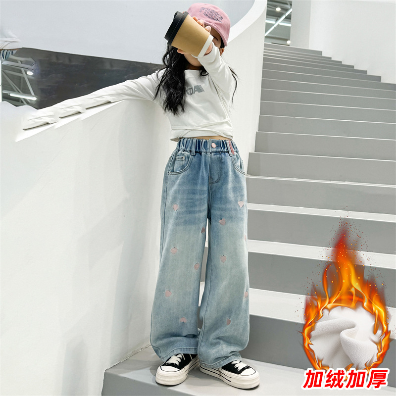 소녀 기모 청바지 겨울 2024 새로운 어린이 스트레이트 다리 바지 소녀 큰 어린이 서양식 가을과 겨울 넓은 다리 바지
