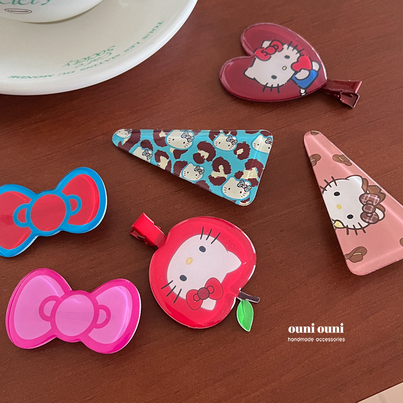 Kitty商店！质感滴胶蝴蝶结猫咪   发夹鸭嘴夹时髦豹纹三角发卡发|undefined