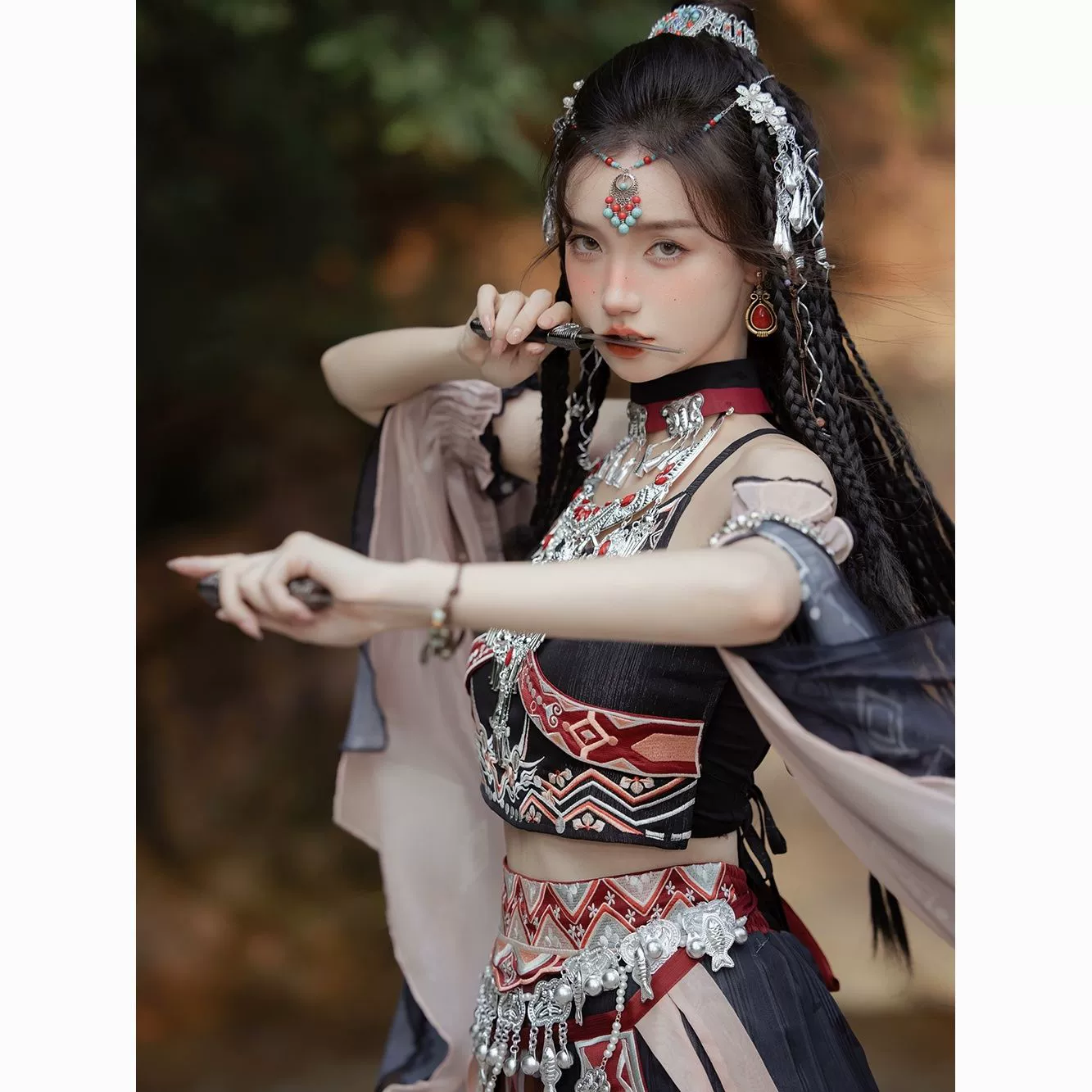 Одежда этнических меньшинств, экзотический стиль династии Хань, черная вышивка с принтом Хани и серебряные украшения, полный комплект студийной фотокомпании.