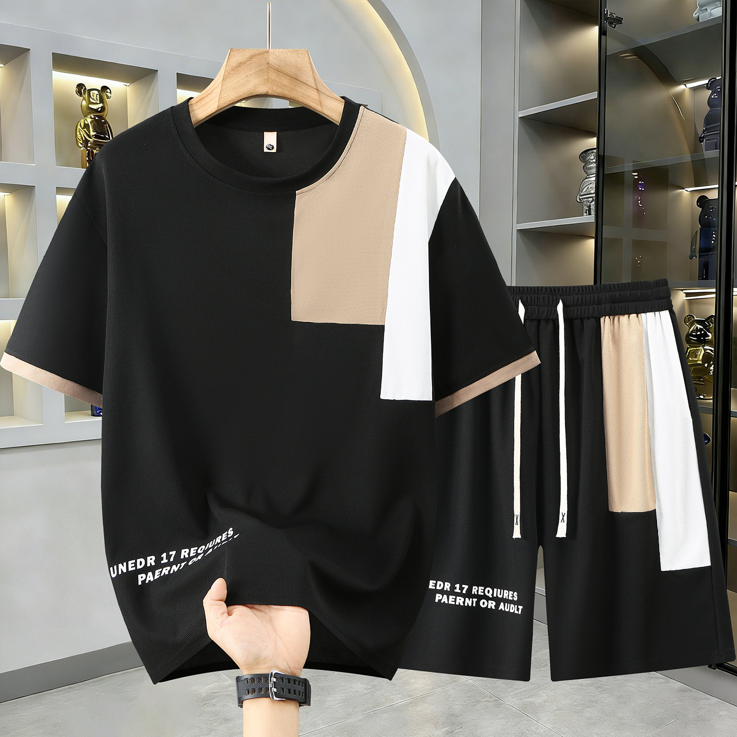 Plus-size summer new style men's patchwork suit, casual, breathable, skin-friendly, versatile, fashionable, short-sleeved