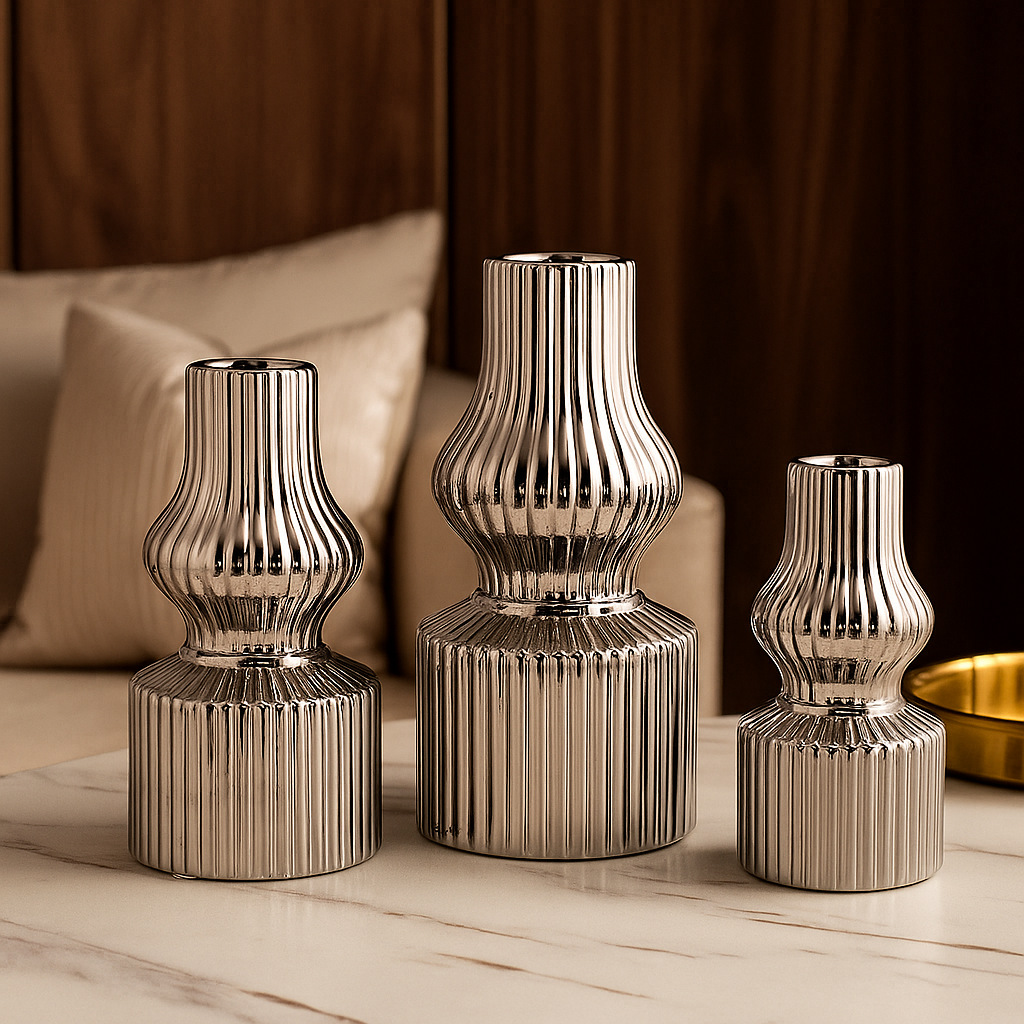 Light Luxury and Simple Hotel Entrance Palace European Electroplated Gold and Silver Ceramic Vase Three-Piece Set Home Furnishings Pine Smoke