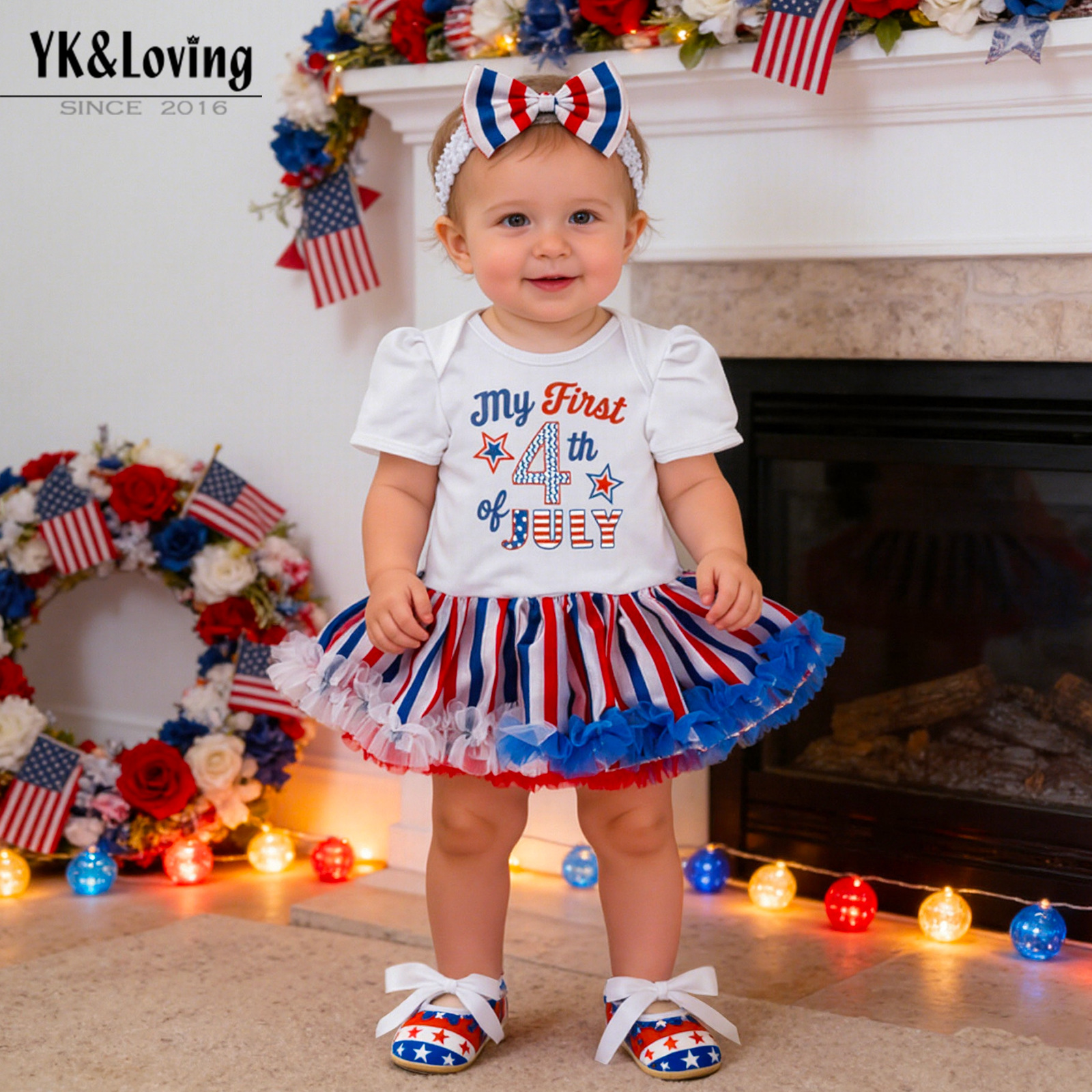 European and American Independence Day Baby Girl Party Wear Summer Baby Printed Letters 4July Mesh Dress Harem Dress