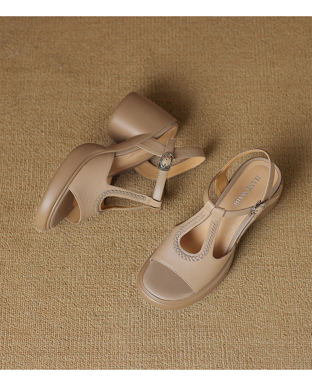 Sandal cao gót nữ phong cách La Mã, gót 8 cm, đế dày, da cừu mềm — Màu trắng be chi tiết 15