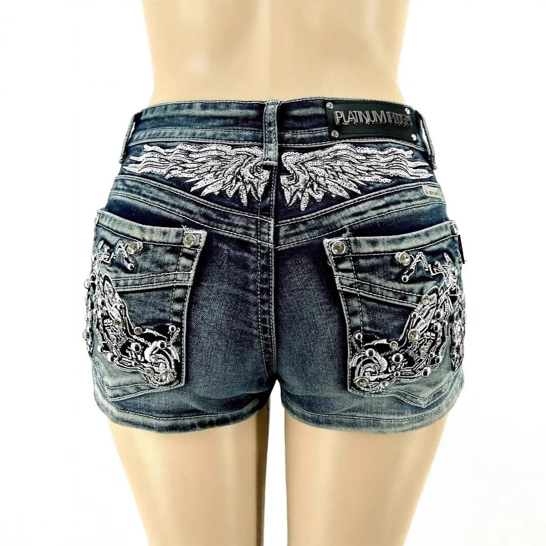 Y2K Rhinestone Embroidered Denim Shorts – High Waist Stretch Women's Hot Pants (S-2XL, Multi-Color)_mkmklike.com
