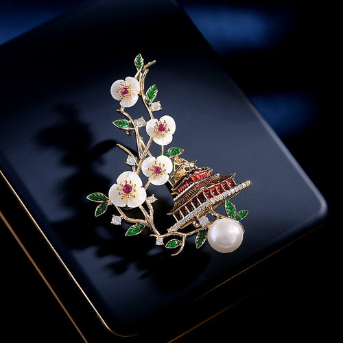 New design sense clothing accessories with natural mother-of-pearl floral qipao Hanfu hairpin featuring Chinese style, tower and Forbidden City motifs