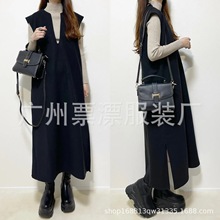 现货 跨境热卖呢子连衣裙日系秋冬V领侧开叉无袖呢子连衣裙