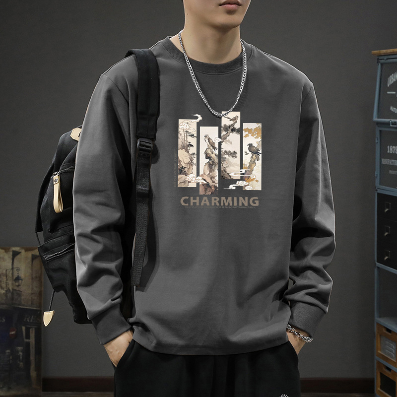 重磅200克纯棉T恤男秋季潮牌复古纯色长袖打底衫宽松百搭体恤