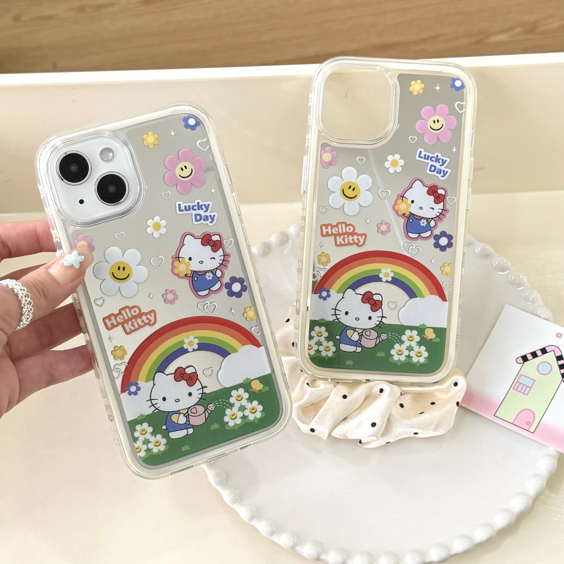 Dibujos animados de nicho Rainbow Cat para Apple 15ProMax funda para teléfono móvil 16Pro Mirror 14/13 Flores 16PM