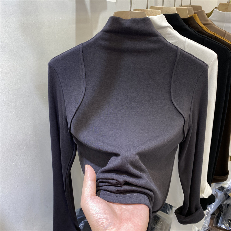 Develvet fish bone half high neck long-sleeved shirt for women 2025 autumn and winter new style inner bottoming shirt slim warm top