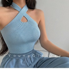 2024 Summer New Hot Girl Sexy Cross-Neck Mesh Off-the-Shoulder Knit Crop Top