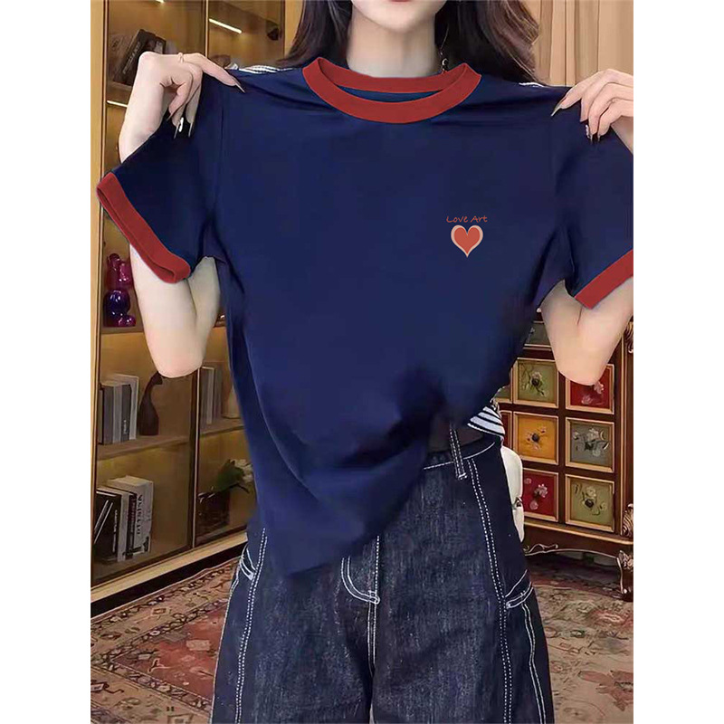 Navy Blue Regular Shoulder Short-Sleeve T-Shirt for Women, Summer Pure Cotton, Unique Design, Color-Blocking, Age-Reducing, Trendy Base Shirt Top