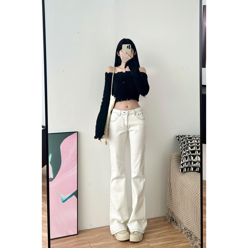 Spring and Autumn new white low-waist flared jeans for tall women, slimming and leg-lengthening, floor-length pants