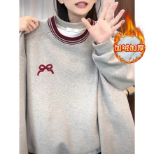 超火无帽圆领灰色卫衣女秋冬2024新款爆款时尚洋气韩系慵懒风上衣