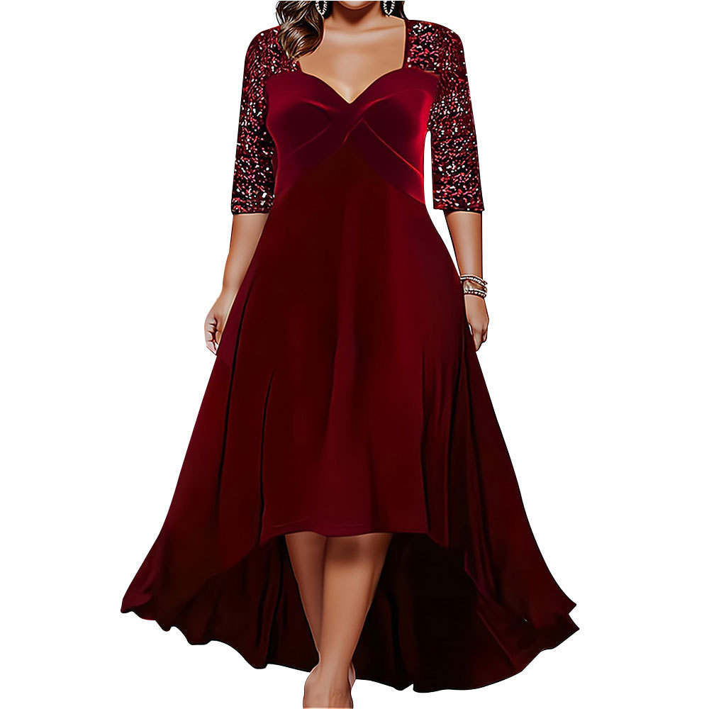 Cross-Border New European And American Style Solid Color V-Neck Sleeve Sequin Flared 2023 Autumn Winter Plus Size_ecoleips.com