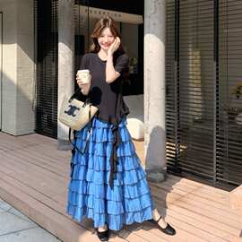 韩系可盐可甜荷叶边T恤套装女夏季2026新款多层半身蛋糕裙两件套