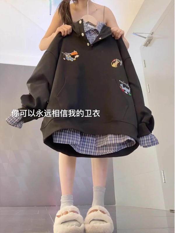 美式复古卡通刺绣棉质学院风连帽卫衣女秋季2025新款宽松百搭帽衫|undefined