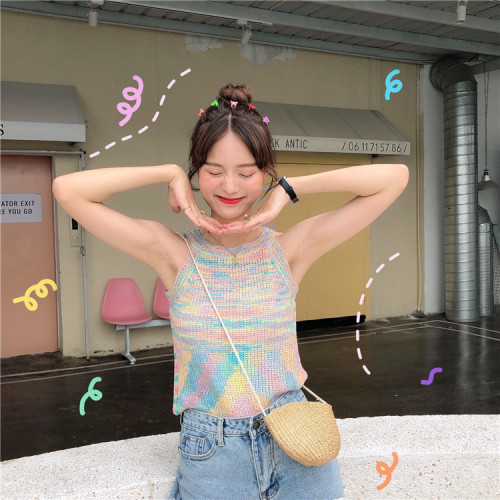 South East Asia Tie-Dye Colorful Neckless Tank Top for Women  Summer Korean Version Fitted Slimming Retro Knit Sleeveless Top