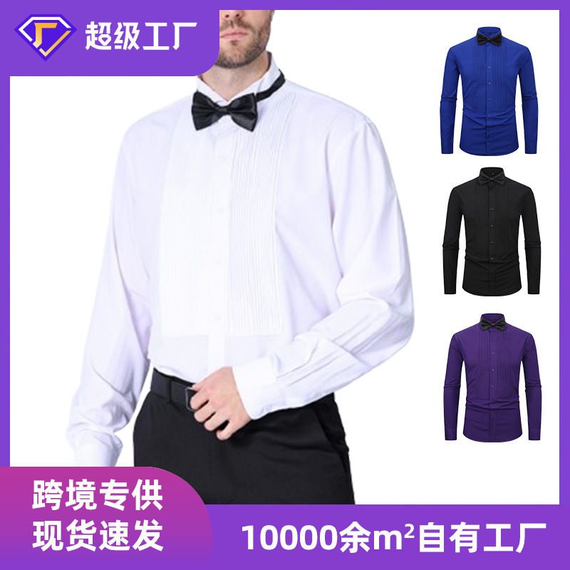 Men's Spring and Summer New Men's Dress French White Shirt with Bow Tie Pure Color Shirt Swallow Collar Dress Groomsman Shirt Men's Spring and Summer New Men's Dress French White Shirt with Bow Tie Pure Color Shirt Swallow Collar Dress Groomsman Shirt