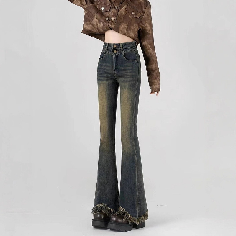 Retro High-Waisted Bootcut Jeans for Women 2025 Autumn and Winter New Style Small Elastic Slimming Look Tassel Flared Pants Retro High-Waisted Bootcut Jeans for Women 2025 Autumn and Winter New Style Small Elastic Slimming Look Tassel Flared Pants