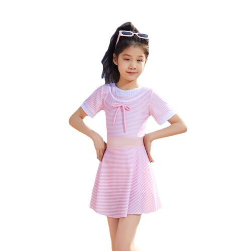 Children's swimsuit for girls, medium size, one-piece, flat-bottomed skirt-style, half-sleeve swimsuit, suitable for swimming pools, hot springs, swimming equipment