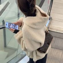 即墨拉链带抽绳连帽毛毛外套女秋冬季节装新款加绒保暖上衣厚外套