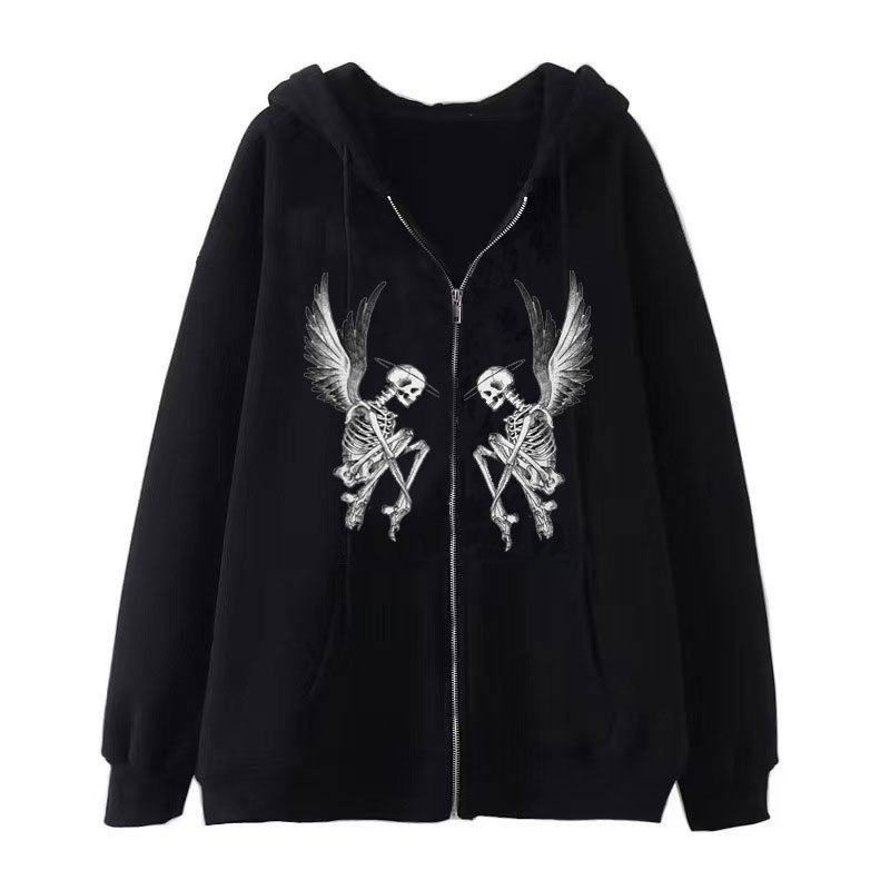 2023Y2K dark gothic skull zipper sweater autumn and winter fleece American hoodie loose Millennium style coat