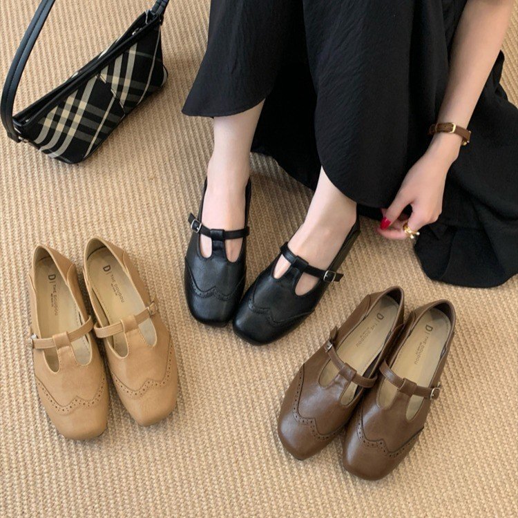 复古平底丁字扣带单鞋女2025年新款韩版小皮鞋英伦风雕花玛丽珍鞋|undefined