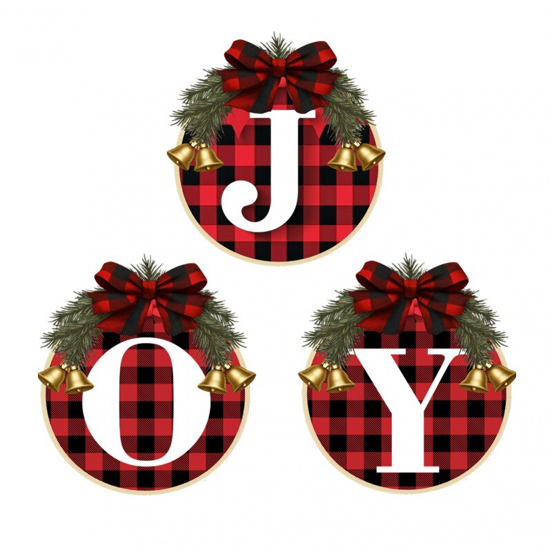 新しいクリスマスアイデアJOY楽しい赤黒格花輪門掛祝日パーティー装飾壁貼り|undefined