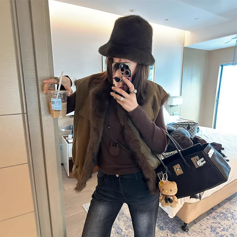 Reversible Eco-Friendly Mink Fur Parka Vest Jacket Korean Style Relaxed and Stylish Simple Fashion Coffee Color
