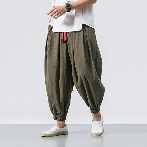 Summer New Men's Linen Lantern Pants Loose Cotton-Linen Tied-Ankle Pants Plus Size Trendy Wide Leg Pants Harem Ankle Pants