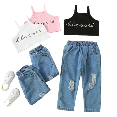 Girls summer suit trendy European and American girls fashion short letter halter vest ripped wide leg pants two piece set