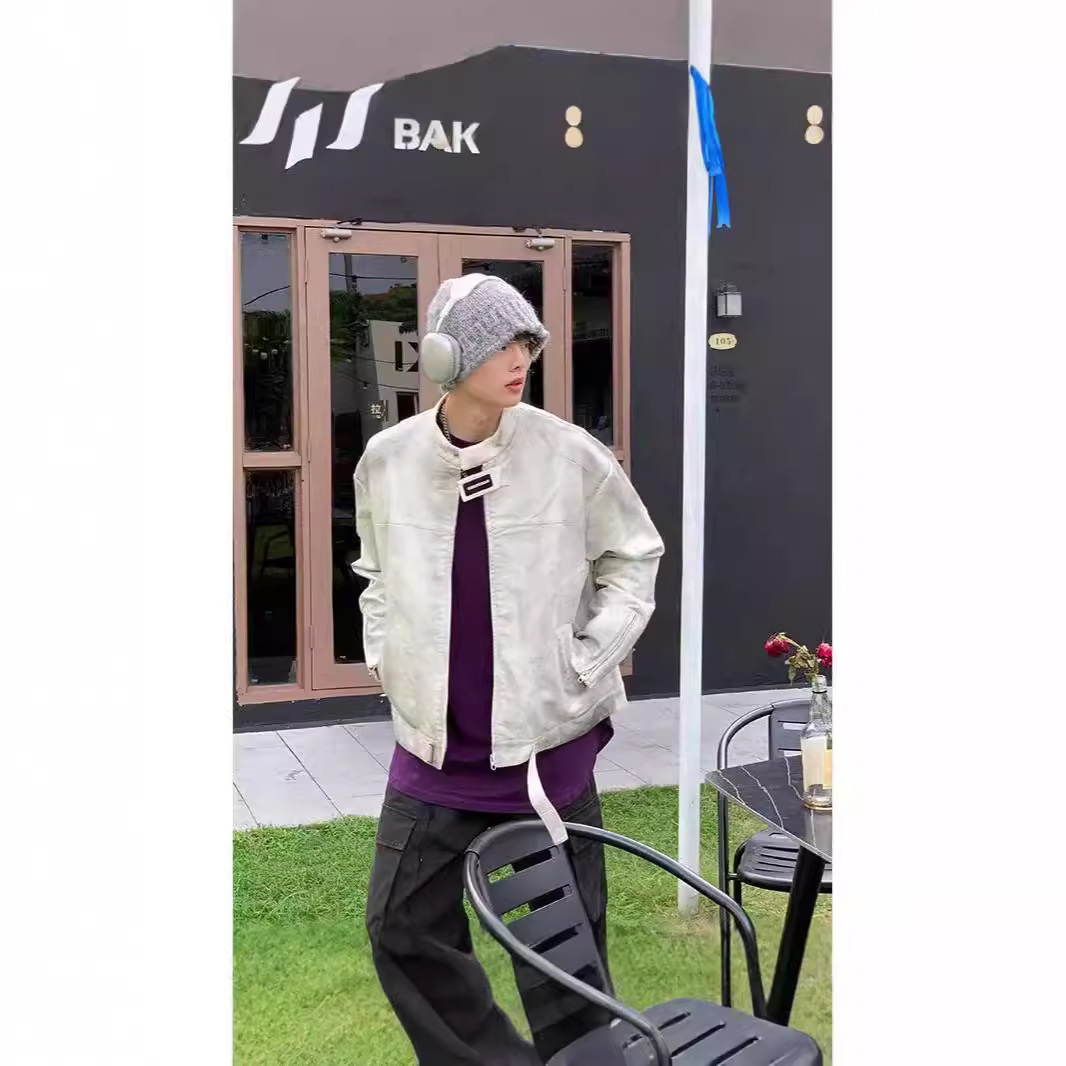 2024 Spring and Autumn New Dirty Wash Shape Leather Jacket for Men and Women American Style High Street Trendy Brand Loose Collar Jacket for Men