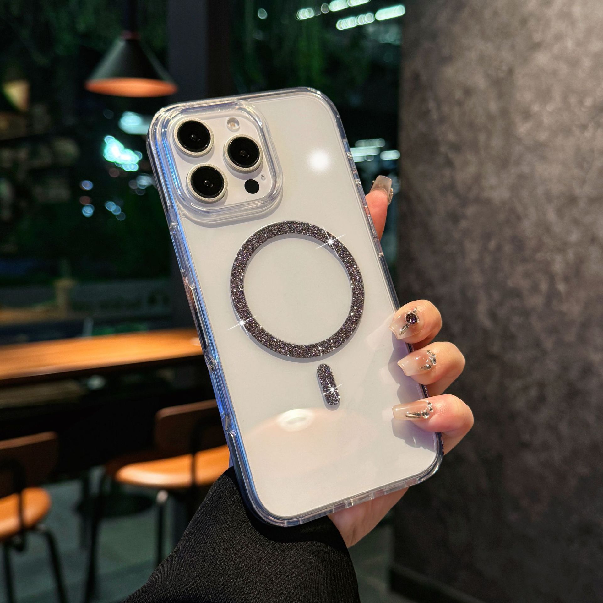 Funda magnética con brillo de cristal de alta transparencia, adecuada para iPhone 17 PRO MAX, iPhone 14, iPhone 15, marco anticaída con bloques de color.