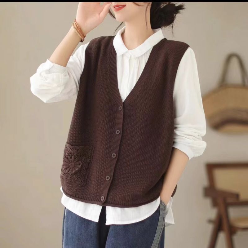 【 Cashmere Family 】 Wollstrickjacke ärmelloser Pullover vielseitige lose Weste Schulteroberteil Damen Herbst_voghion.com