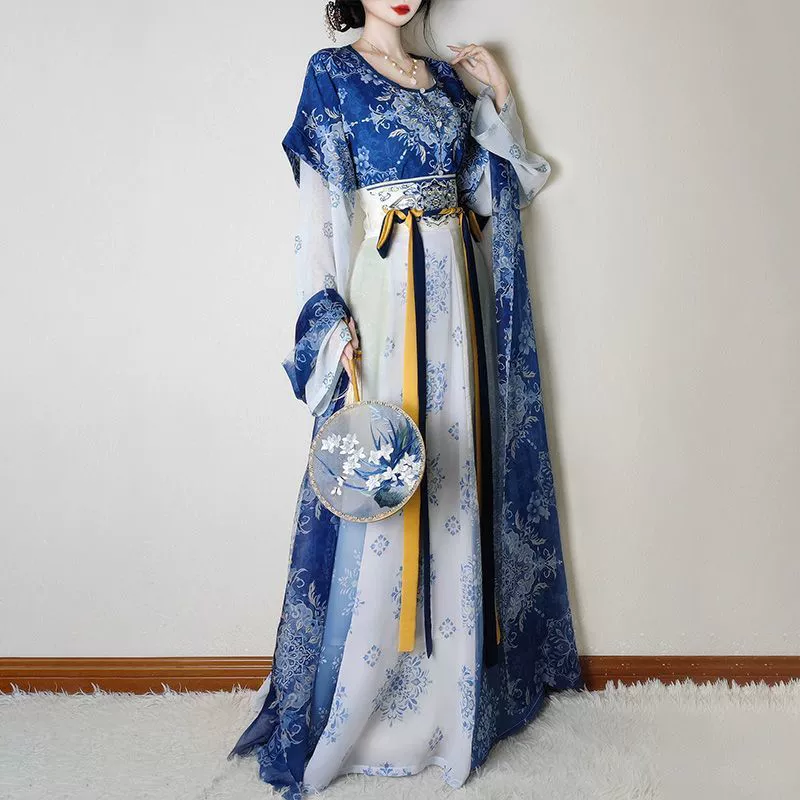 Weiyang Palace [Porcelain Rhythm Blue and White] Женский Cheongsam в стиле Ханфу в китайском стиле Синий и белый фарфор длиной до талии на каждый день для похудения Летний стиль