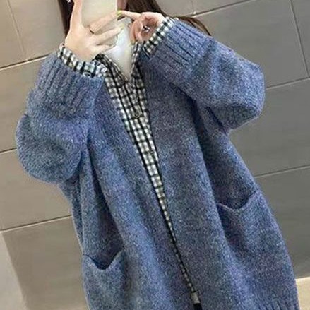 2025秋上新单件/假两件】秋冬外套遮肉女中长款针织开衫毛衣宽松