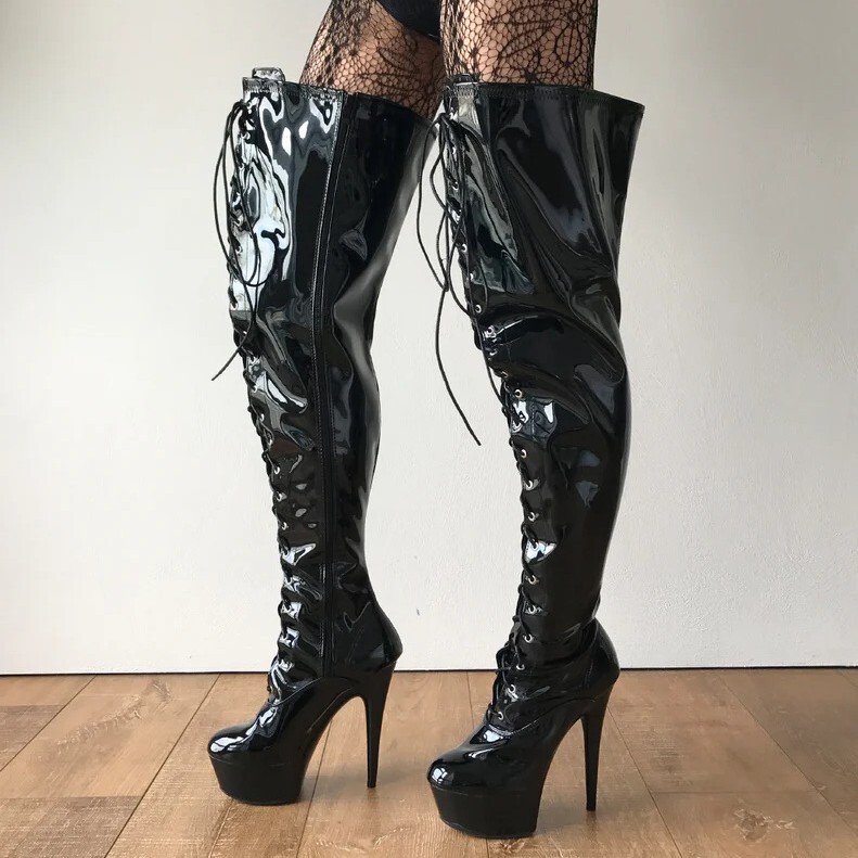 Amazon ultra-high heel women's shoes, 20cm waterproof platform, over-the-knee long boots, thin heel, patent leather, front lace-up, black thigh-high boots Amazon ultra-high heel women's shoes, 20cm waterproof platform, over-the-knee long boots, thin heel, patent leather, front lace-up, black thigh-high boots